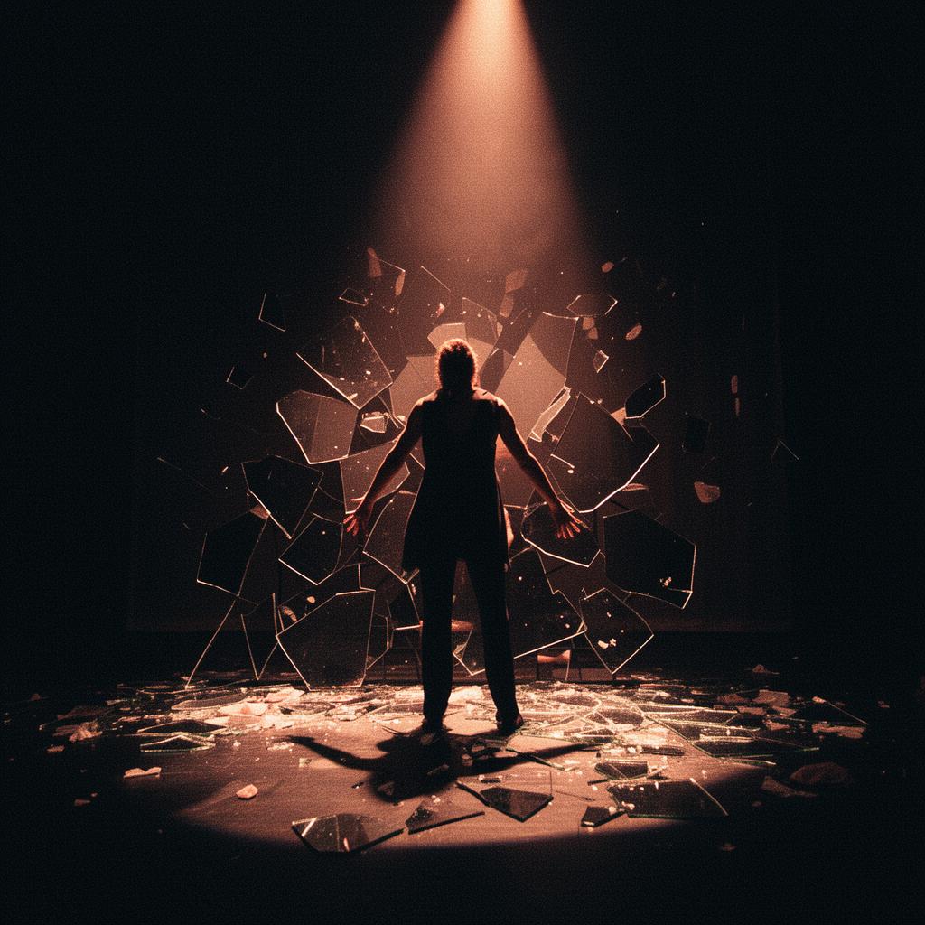 Editorial still for the Broken Images theatre play, shattered mirror under stage light